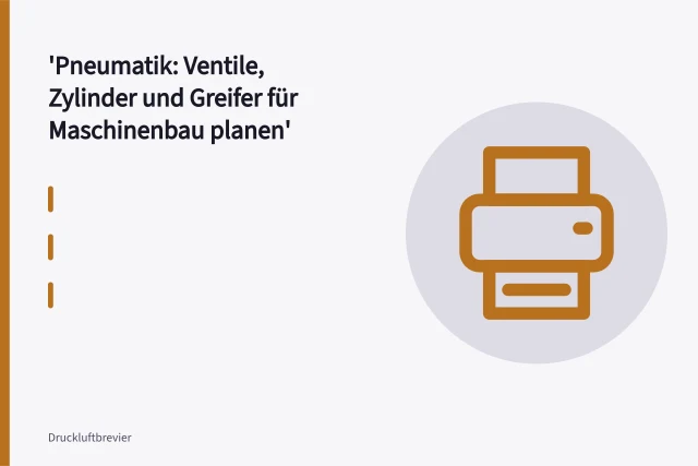 Pneumatischer Greifer am Normzylinder hält ein metallisches Werkstück in der Maschine. Pneumatik: Ventile, Zylinder und Greifer für Maschinenbau planen