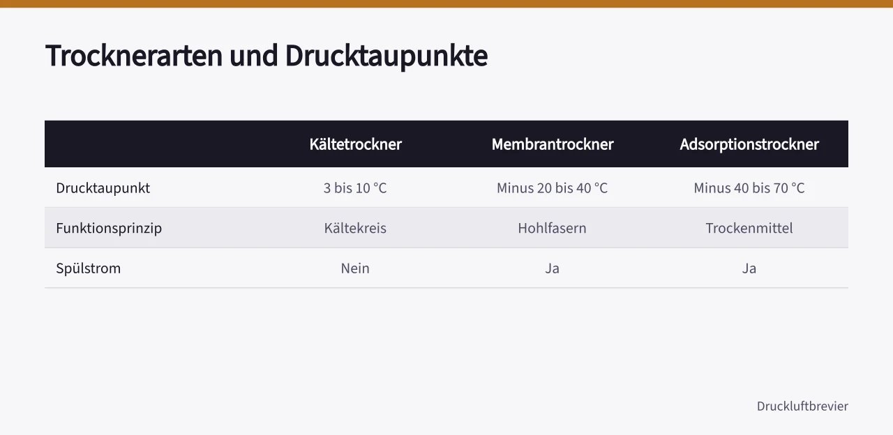 Vergleich der Drucktaupunkte und Funktionsprinzipien von Kälte-, Membran- und Adsorptionstrocknern (Druckluftaufbereitung Kältetrockner oder Adsorptionstrockner im Vergleich)